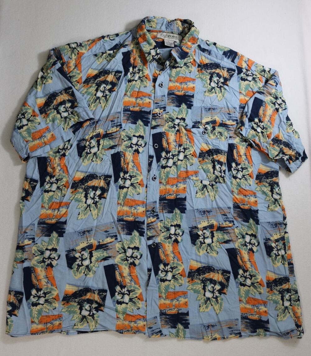 Vintage CC Sport Hawaiian Shirt Mens XL Blue Tropical Aloha Casual Button Down